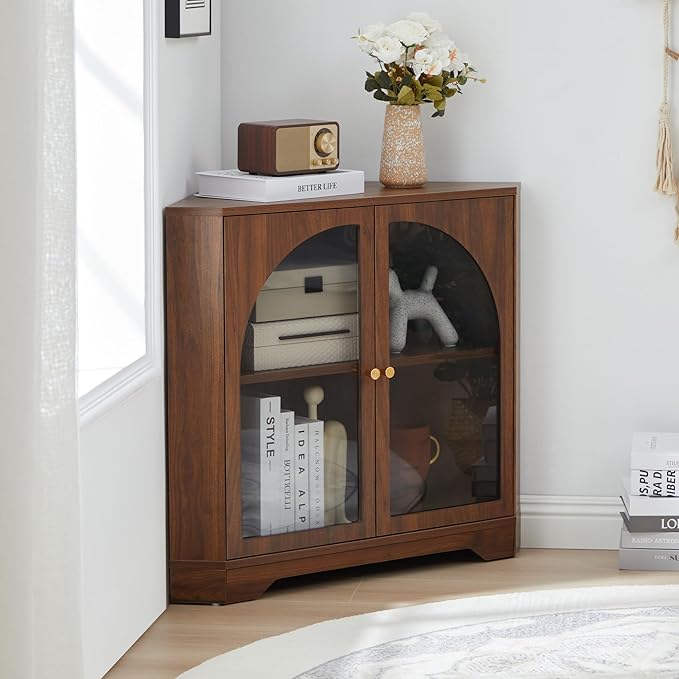 Mid-Century Floor Coner Storage Cabinet, 23" Short Small Wood Coner Cabinet with Adjustable Shelve & Acrylic Arched Mullion Doors for Bathroom, Living Room, Kitchen, Coofee Bar (Walnut)