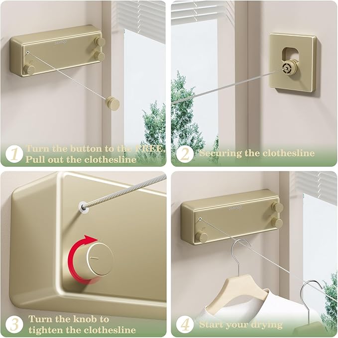 Danpro Retractable Clothesline, 2x13.8ft Designer Drying Line for Luxury Bedroom/Closet, Seamless Blending with Modern Interiors(Gold)