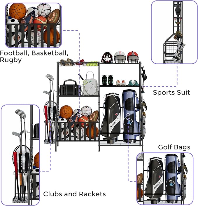 Sports Equipment Organizer, Heavy Duty Golf Bags Stand, Extra Large Ball Storage Rack for Garage