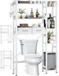 Over The Toilet Storage with 2 Drawers - 7 Tier Bathroom Organizer with Adjustable Shelf, Freestanding Space Saver Storage Rack Above Toilet Stand with 4 Hooks for Restroom, Laundry, White
