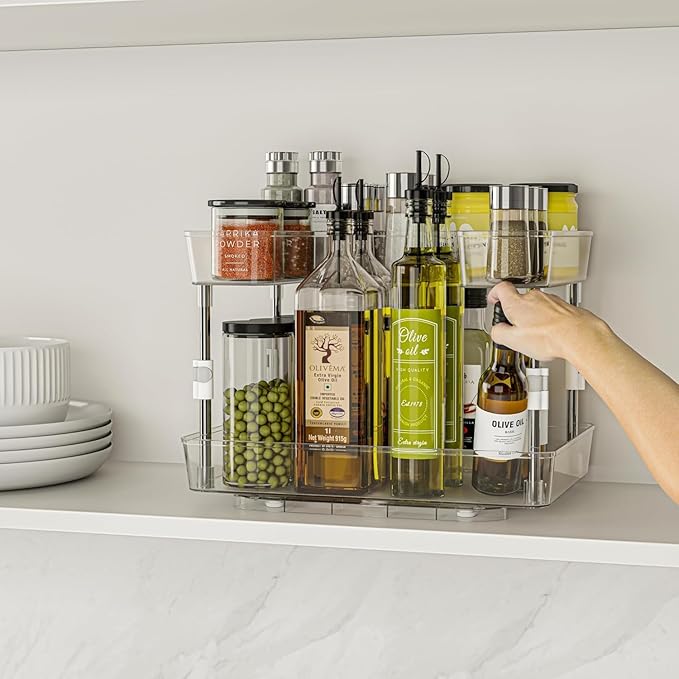 2 Tier Lazy Susan Organizer with 4 Hooks, 15" 2-Tier Lazy Susan Turntable for Cabinet, Counter Organizer Tray for Kitchen, Bathroom