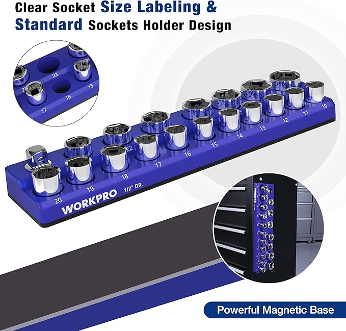 WORKPRO Magnetic Socket Organizer, 1/2-Inch Metric Socket Holder, Socket Trays Holds 19 Pieces Standard Size and Deep Size Sockets(Sockets not Included)