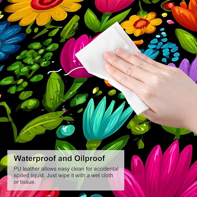Folk Art Floral Mouse Pad – Large Extended Desk Mat 31.5 x 11.8 in– Colorful Boho Flowers on Black Background, Waterproof Surface, Non-Slip Rubber Base, Oversized Mouse & Keyboard Pad
