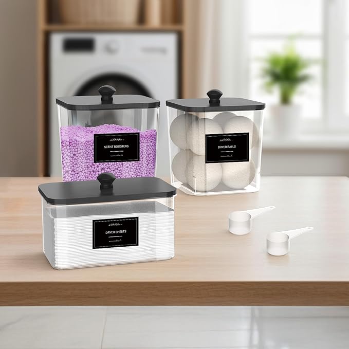 2+1 Pack Clear Laundry Pods Container & Dryer Sheet Holder, Plastic Square Laundry Room Organization and Storage Jars with Black Lids, Scoops & Labels for Detergent, Powder, Dryer Balls