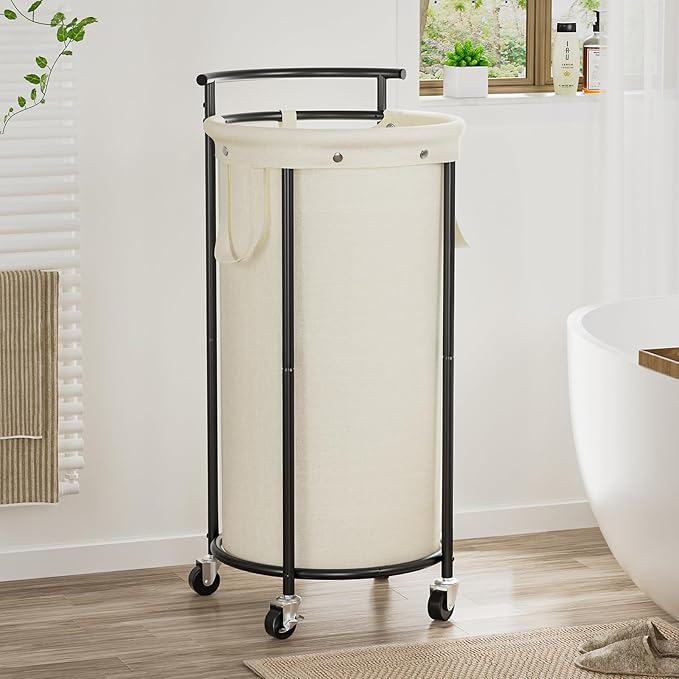 Chrislley 110L Laundry Hamper with Wheels,Rolling Laundry Basket with Removable Bag,Round Iron Laundry Cart with Steel Frame and Handle,Dirty Clothes Hamper Organizer for Dorm,Laundry Room(Beige)