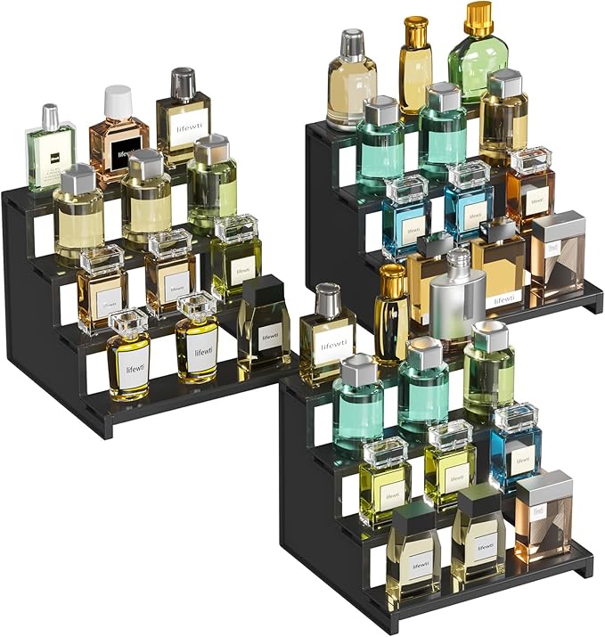 Lifewit Cologne Organizer for Men, 4 Tier Plastic Perfume Stand, Tool-free Assembly, Display Shelf for Fragrance, Aftershave, Skincare, Makeup for Vanity, Bedroom, Bathroom Storage, 9 Inch,3 Pcs