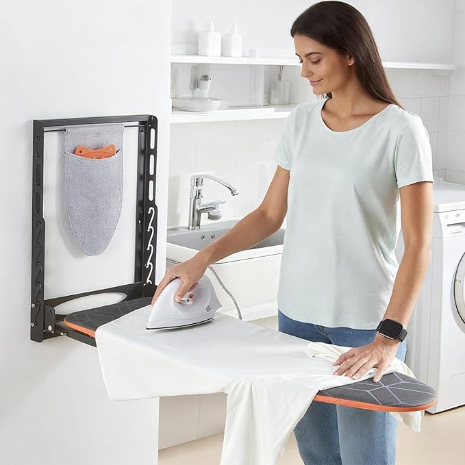 Wall Mounted Ironing Board with Iron Holder, 42 X 14 Compact Mount Foldable Ironing Board for Small Spaces, Space Saving with Cotton Fabric Cover and Silicone Iron Rest