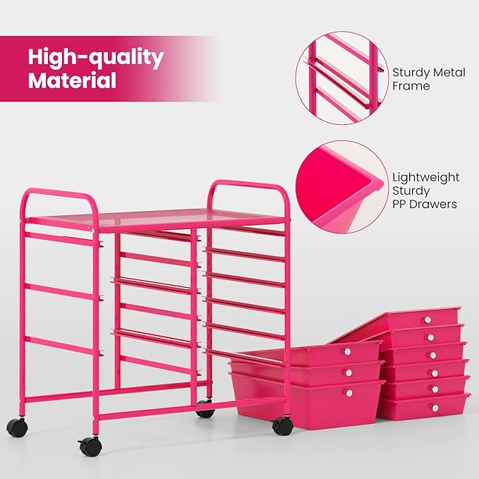 Giantex 9 Drawers Rolling Cart, Classroom Organizers, Storage Cart with Wheels, for Teacher Office Home School Supplies Tool Craft Art Paper, Hot Pink