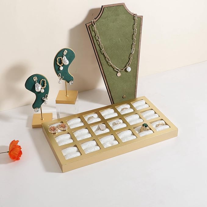 GemeShou Velvet Ring Storage Organizer Tray with 18 grids, White Jewelry Earring Display Stand for Selling, Velvet Jewelry Studs Display Holder【White】