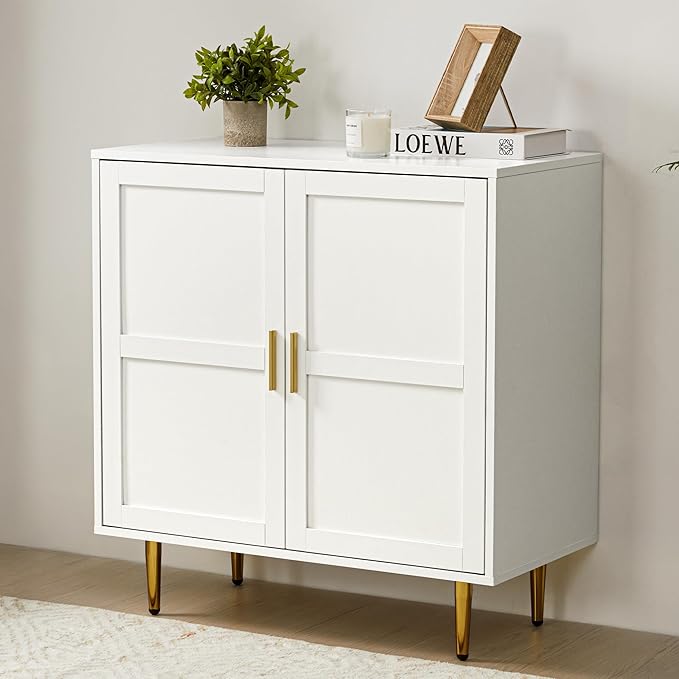 RoyalCraft 2-Door Wood Cabinet, Modern Credenza with Adjustable Shelves, Freestanding Buffet Sideboard Cabinet for Living Room, Dining Room, Entryway, White