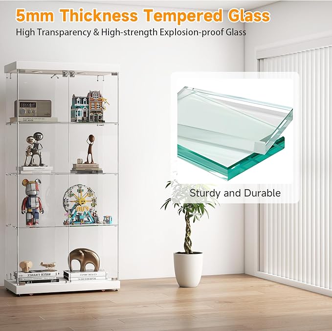 Tempered Glass Display Cabinet with Lights, 4-Tier Curio Cabinet with Glass Doors Wheels Two Locks, Glass Display Case for Collectibles for Living Room, Bedroom, Office, White, Double Door