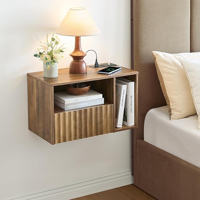 Modern Rustic Brown Fluted Floating Nightstand with Charging Station, NightStand with Drawers, Bedside with USB Ports and Outlets, Bedroom Furniture (Right)