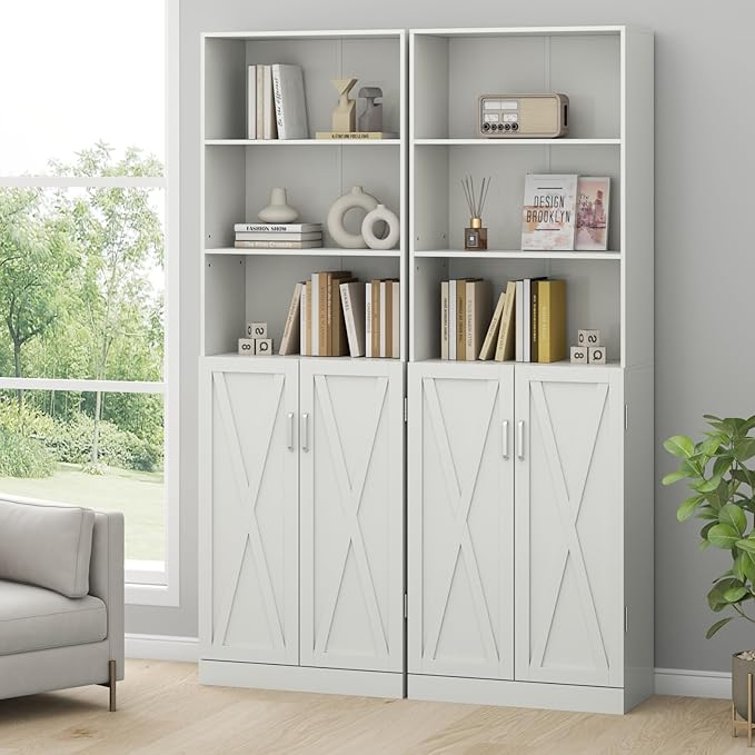 Loomie Industrial Bookshelf with Door, 6 Tier Farmhouse Book Shelf with Adjustable Shelves,70" Tall Display Etagere Bookcase,Floor Standing Unit Book Case Furniture for Home Office,Living Room (White)