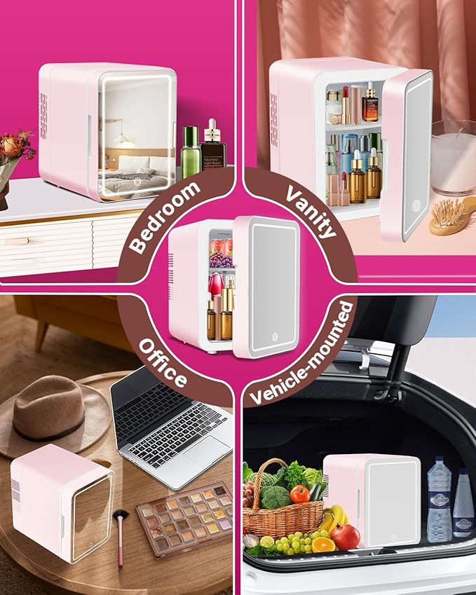 4-Liter Pink Portable Mini Fridge for Skincare Beauty Cosmetic Makeup With Mirrored Door and Dimmable LED Light