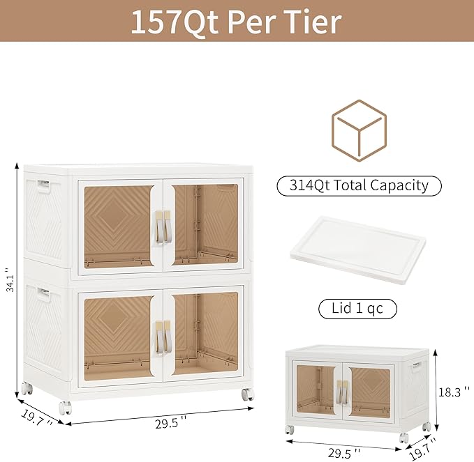 Large Clear Stackable Storage Bins with 2 Lids, Foldable Storage Cabinet for Closet Organizers and Storage, Plastic Storage Box with Wheels 942 QT