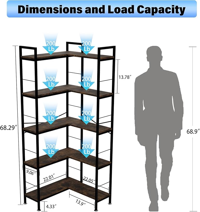 Corner Bookshelf, 69" Tall L-Shaped Bookcase for Home Office, Living Room, Bedroom - Space-Saving Storage Shelf with Metal Frame, Modern Wood & Industrial Design