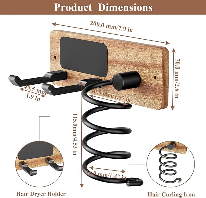 Tindbea Hair Dryer Holder Curling Iron Holder, Blow Dryer Holder Wall Mount, Bathroom Hair Tool Organizer Rack for Universal Dryer, Sapele Wood Matte Black