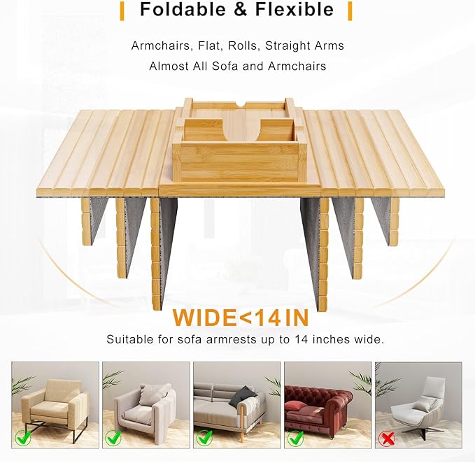 Bamboo Sofa Armrest Tray - Couch Arm Tray with Detachable Couch Cup Holder - 2 in 1 Anti-Slip Foldable Sofa Armchair Caddy Table for Drinks Cellphone TV Remote Snacks