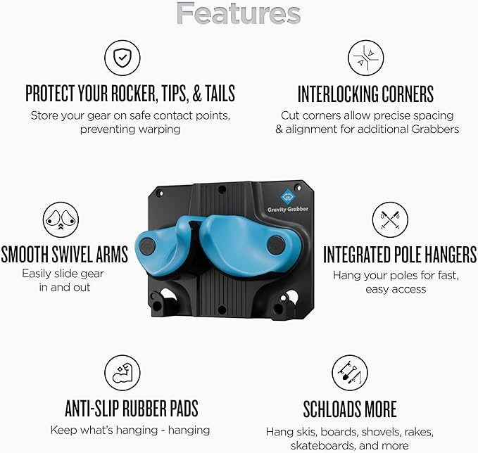 Gravity Grabber - Ultimate Ski & Snowboard Wall Rack | Secure, Non-Slip Storage | Fits Any Ski/Board | Garage Organization | Ski Storage Rack | Snowboard Storage Rack | Winter Gear Organizer | 3 Pck