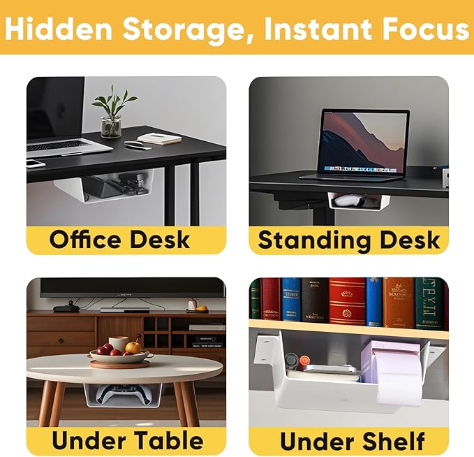 2 Pack Under Desk Hanging Shelf Drawer Organizer, Attachable Plastic Hidden Storage Tray, Easy Adhesive Mount Holder for Standing Tables, Office, Counters, Cabinets, Workstations - White