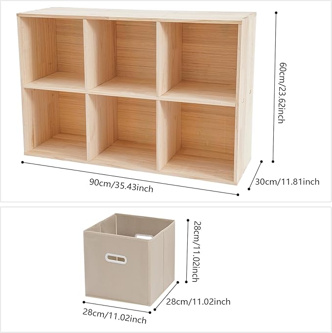 Wooden Cube Shelf Bookcase,Solid Wood Shelves with 6 Compartments and 3 Fabric Baskets,Open Bookcase Cube Shelf Storage Organizer for Bedroom, Living Room, Office, Study Room