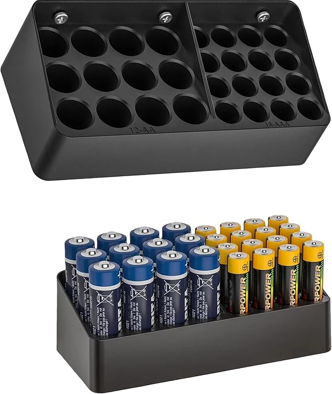 Wall Mounted Battery Storage Manager,Battery Storage Rack Suitable for 16 AAA and 12 AA Batteries, Wall Mounted on cabinets, Drawers, Walls (Storage Rack Does not Include Batteries) (Black)