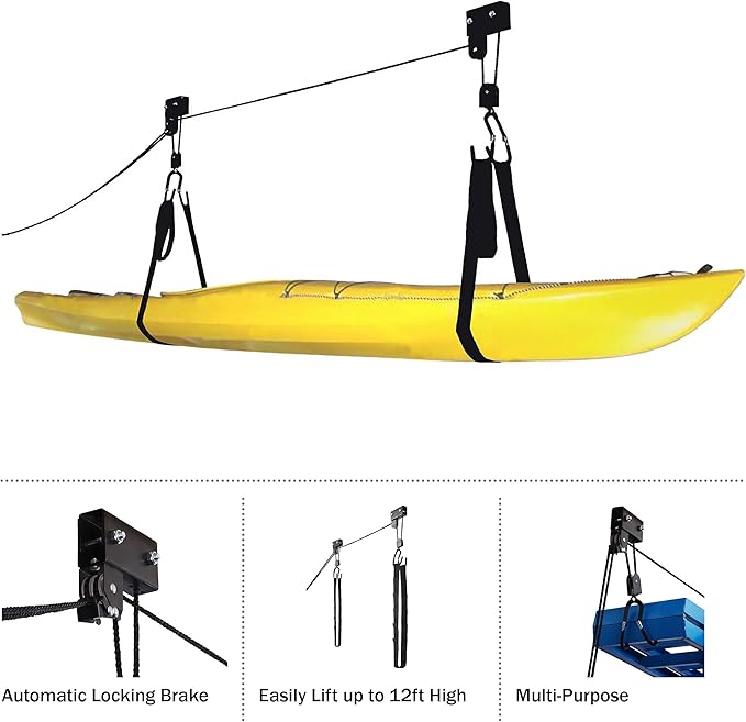 RAD Sportz Kayak Storage Hoists - Overhead Pulley Hoist Systems with 125lb Capacity Each for Canoes, Bikes, Ladders, and More