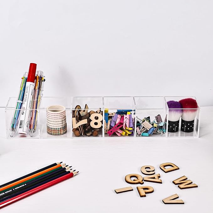 dedoot Clear Drawer Organizer, 6 Compartments Acrylic Organizer Durable Plastic Square Cube Storage Bin for Makeup, Jewelry, Pen, Small Items, 15x2.5x2.6inches,2 Pack