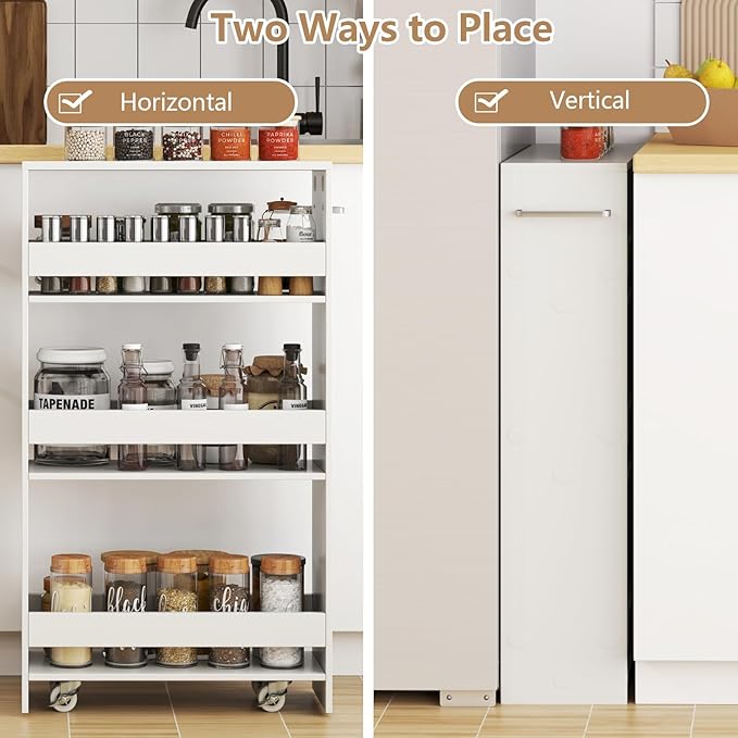 Slim Rolling Storage Cart, 4 Tier Narrow Kitchen Cart with Wheels, Between Washer and Dryer Cart, Wood Shelving Unit Organizer w/Handle for Small Spaces (White, 8-Inch)