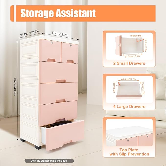 5-Layers Plastic Dresser with 6 Drawers Movable Chest of Drawers Locked Storage Cabinet Craft Organizers and Storage for Bedroom Entryway Hallyway, 19.7’’ W*13.8’’ D*40’’ H (Pink)