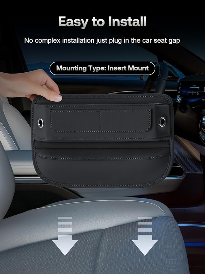Universal Fit Premium Leather Car Seat Gap Filler Organizer, Center Console Organizer with Card Slots for Car Suv Truck (Black, 1 Pack)