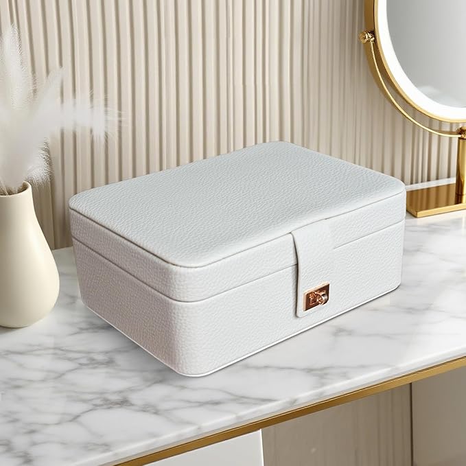 LED Jewelry Box with Mirror- Jewelry Organizer with Movable Compartment Pieces, 6.69 x 9.45 x 3.74 Inches, PU Surface Womens Jewelry Case for Necklaces, Rings, Bracelets, Gift for Women,Cloud White