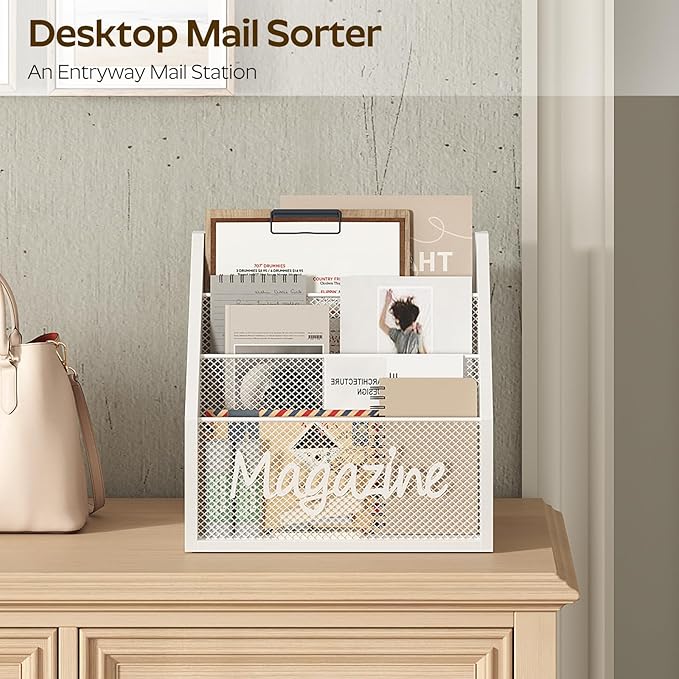 Magazine Holder, Wood Magazine Rack Floor, Mail Organizer Countertop, Magazine Mail Holder Sorter, Record Holder for Magazines, Books, Newspapers, Tablets, White MR02WW