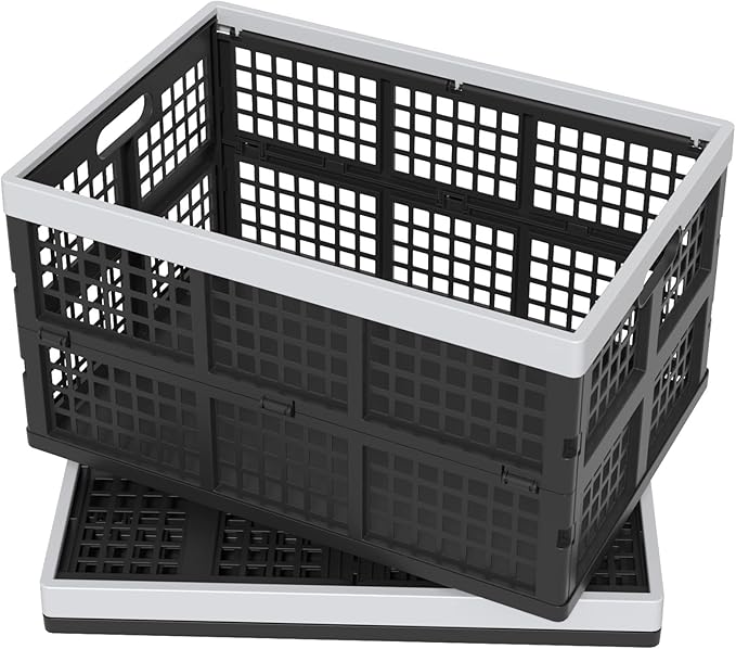 4 Pack 42 L Large Plastic Collapsible Storage Crates, Folding Stackable Storage Crates