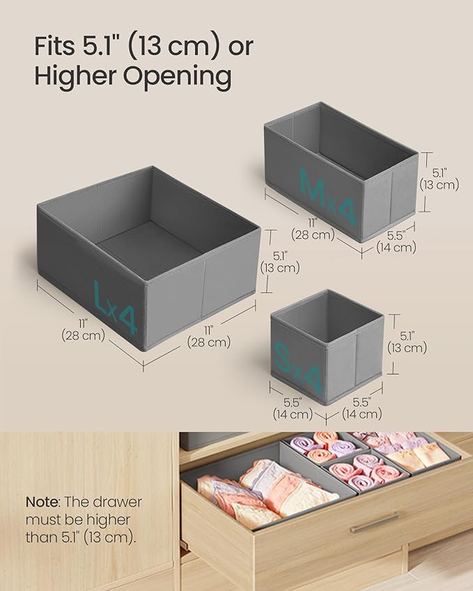 SONGMICS Drawer Organizer, Dresser Drawer Organizers, Set of 12, Foldable Fabric Storage Bins for Socks, Underwear, Bras, Ties, Scarves, Dove Gray URDZ006G02