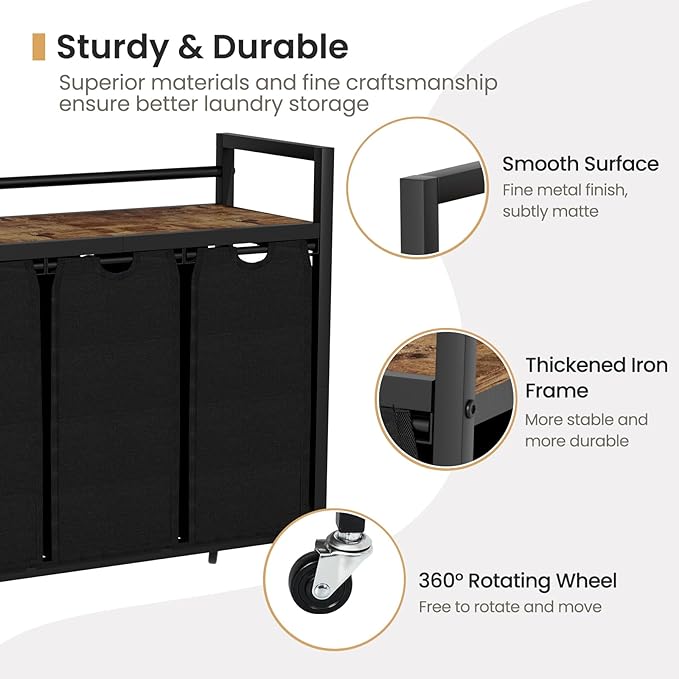 Laundry Hamper, Laundry Basket, Laundry Sorter with 3 Removable Bags, Clothes Basket with 3 Compartments, Wheels, Shelf for Laundry Room Bathroom Bedroom (3 Bags-Black)
