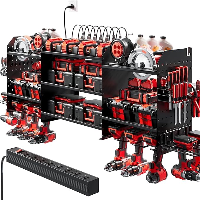 Upgrade Large Power Tool Organizer Wall Mount with Charging Station, 6.5FT Power Strip, 10 Drill Holders, and Storage Rack for Garage Organization