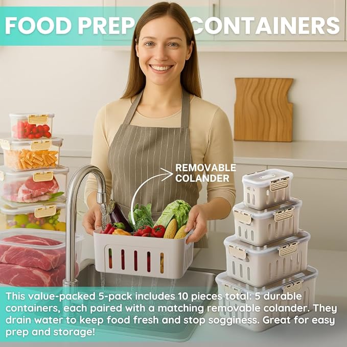 5-Pack Fruit Containers for Fridge Keep Fresh – Airtight Food Containers with Lids, Produce Saver with Removable Colander, Fridge Organizers, Microwave & Dishwasher Safe (Cream)