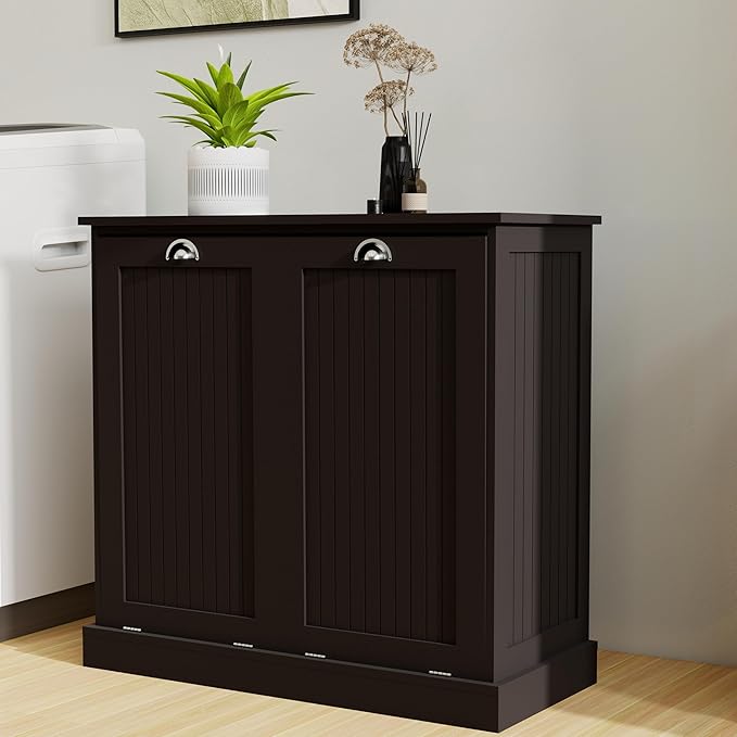 KEIKI Tilt-Out Laundry Sorter Cabinet with 2 Compartments, Pull Out Laundry Hamper Station with Storage for Laundry Organizers and Storage, Black