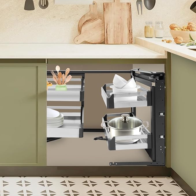 TFCFL Pull-Out Corner Organizer, Blind Corner Cabinet Organizer with 4 Pull-Out Baskets, Swivel Corner Cabinet, Stainless Steel Slide-Out Shelves for Corner Cabinet Space Optimization ﻿