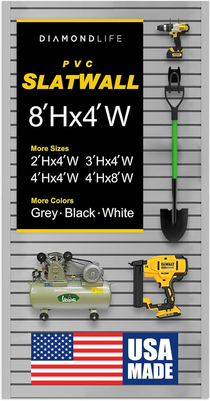 DLDIRECT 96" X 48" - Grey Slatwall Panel Garage Organizer: Heavy Duty Wall Mounted PVC Rack, Interlocking Slat Paneling for Garage Storage, Slotwall Board, Shelves System