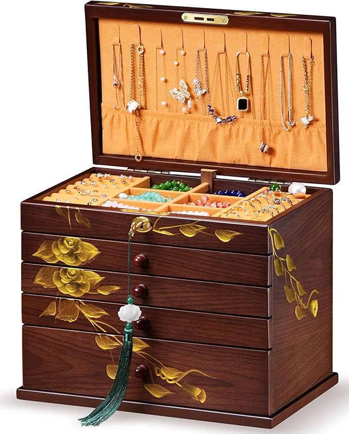Hand-drawn rose Jewelry Box Wood for Wowen,6-Layer Wooden Jewelry Organizer Boxes with 4 Drawers dresser, Vintage Multi-functional Jewelry Storage Case with lock