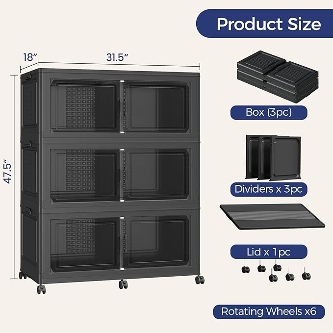 150GAL Extra Large Storage Bins with Lid, 600Qt Stackable Closet Organizers and Drawers, Collapsible Storage Bins with Wheels, Folding Containers for Home, Kitchen Office, 3Pack Black