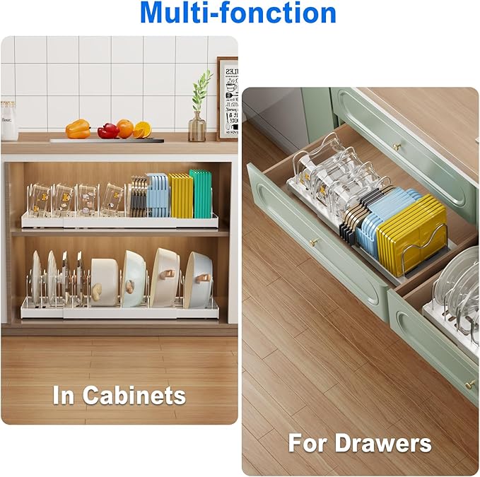2 Pack Pots and Pans Organizer Under Cabinet, 22" Expandable Food Storage Container Lid Organizers with 9 Adjustable Dividers Pot and Pan Lid Holders Rack Inside Cabinet/Countertop(White)