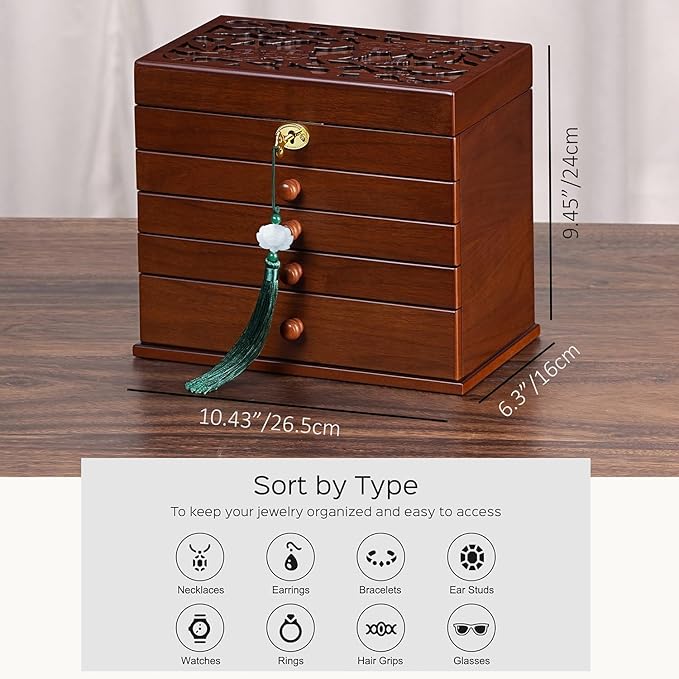Vintage Wooden Jewelry Box with Dual Key Lock, Carved Top, Necklace Hooks – Antique Jewelry Organizer for Dresser Tabletop, Jewelry Storage Boxes for Women