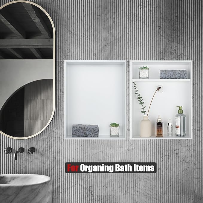 JQK Shower Niche No Tile Need, 12"×14" Matte White Bathroom Insert Shelf, 304 Stainless Steel Recessed Shower Caddy Organizer Storage, SNL1214-WH