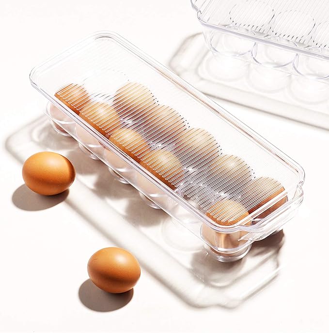 JAMOR 12 Grid Egg Storage Box Refrigerator Egg Rack Tray With Lid, Stackable Egg Rack, Transparent Egg Storage Box, BPA-Free (B)