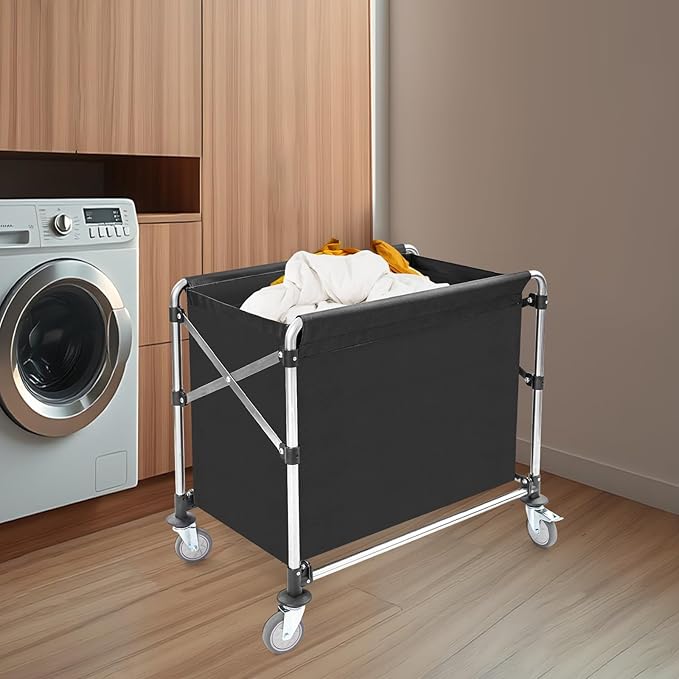 Commercial Laundry Cart with Wheels,Folding Laundry Hamper Cart,Heavy Duty Rolling Basket with Large Capacity,Sorter Trolley for Home Hotel Apartment (Black, 34.25 * 20.47 * 30.7in)
