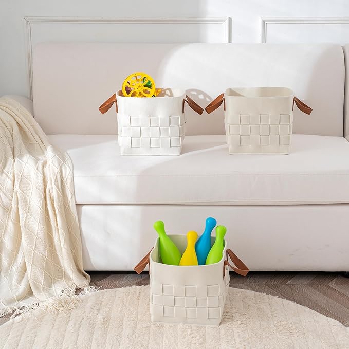 boldmonkey Storage Basket 3 Pack, Medium 10" x10" x10 " Baskets for Shelves with Leather Handle, Cube Felt Fabric Storage Box for Bedroom, Nursery, Living Room - Beige