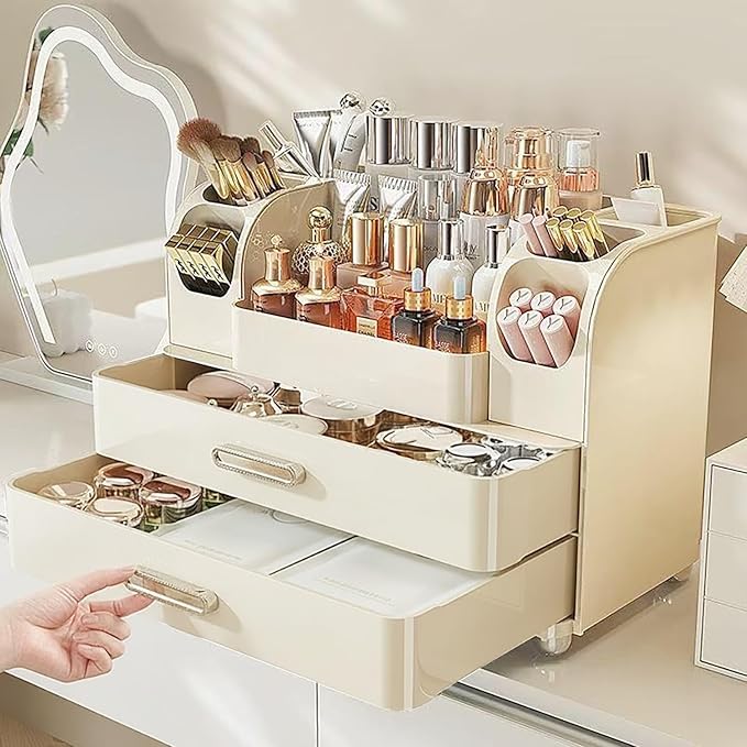 Makeup Organizer with Drawers for Vanity,Bathroom Countertop Organizer with Brushes Holder,Skincare Storage Organizer,Perfect Cosmetic Display Case for Your Beauty Essential (All Cream)